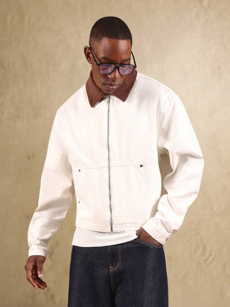 Canvas Trucker Jacket With Corduroy Collar And Zip Front