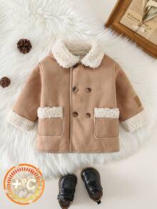 SHEIN Baby Boys Thermal Lined Thickened Soft Comfortable Casual Versatile Classic Lapel Long Sleeve Coat, Mid-Length Outerwear, Suitable For Indoor, Outdoor, Daily, Sports, Play, Party, Holidays, Back To School Streetwear, Autumn/Winter Fall