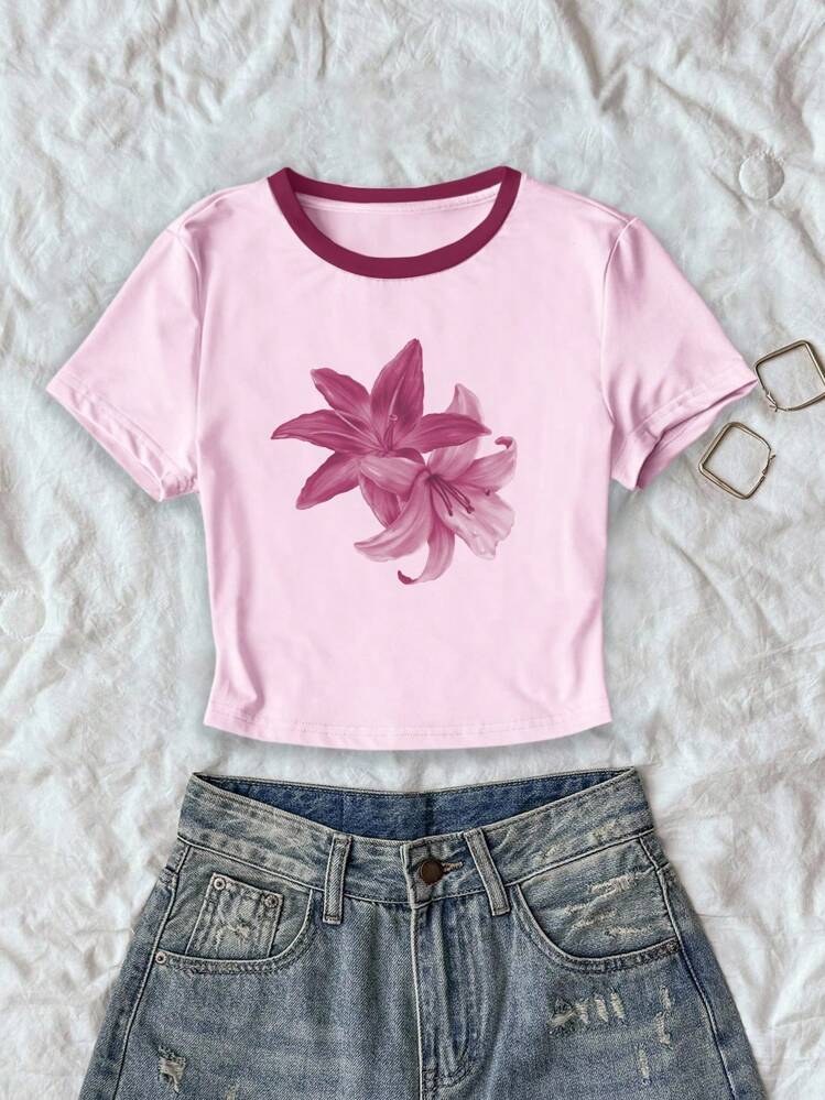 Floral Contrast Color Women's Round Neck Short Cropped T-Shirt, Fashionable For Summer - Pink - View 1