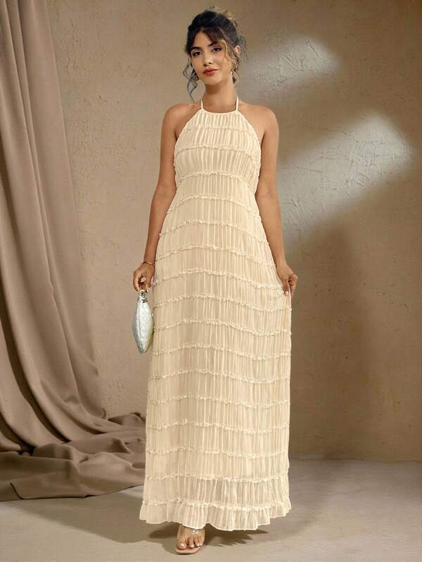 Roveilla Plus Size Textured Chiffon Multi-Layered Romantic Spaghetti Strap Backless Camisole Dress