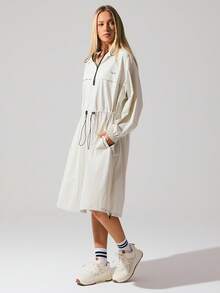 Menodora SHEIN Sport 女式长款抽绳连帽拉链夹克 - 杏色 - 查看 5