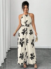Elenzga Plus Size Women's Elegant Floral Print Halter Jumpsuit, Summer - White - View 5