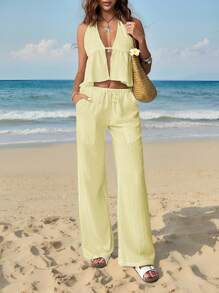 SHEIN EZwear 女式休闲度假纯色露背系带娃娃装露背上衣和宽松阔腿裤（带侧袋）两件套，夏季 - 黃色 - 查看 6