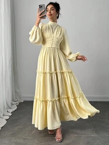 Veilorie 女士纯色立领灯笼袖荷叶边优雅连衣裙，淡黄色连衣裙，女士荷叶边层叠连衣裙，秋季女装 - 黃色 - 查看 1