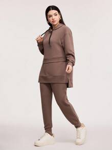 Veilorie 2pcs/Set Women Casual Simple Solid Color Sports Hoodie And Drawstring Waist Pants, Loose Fit For Autumn 2 Piece Set - Chocolate Brown - View 4