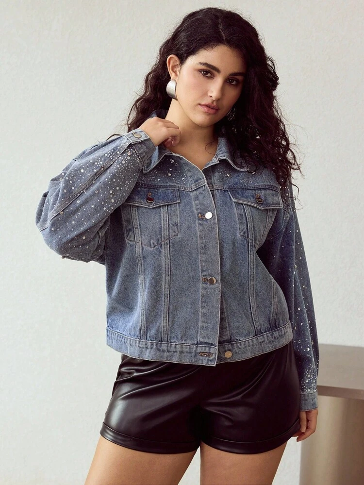 PLUS SIZE EMBELLISHED RHINESTONE FASHIONABLE DENIM JACKET