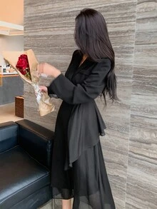 DAZY 女士商务风纯色立领长袖腰部拼接连衣裙 - 黑色 - 查看 4