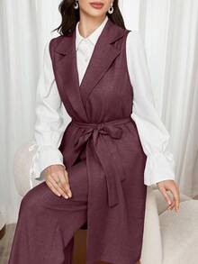 Modelyn 3 件套女士纯色前扣简约长袖衬衫、前领带无袖夹克和长裤休闲西装套装 2 件套 - 中紫紅色 - 查看 6