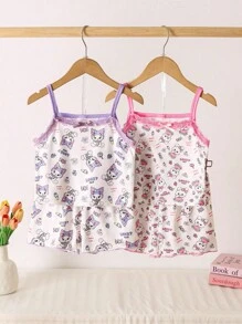 Back To School Fashion 4pcs/Set Young Girl Knitted Camisole & Shorts Set, Cute Rabbit & Kitten Pattern, Purple & Rose Red, Spring/Summer - Multicolor - View 3