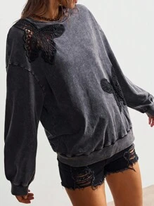 Bohemela 秋冬波西米亚风休闲纯色针织圆领宽松水洗女式运动衫 - 黑色 - 查看 5