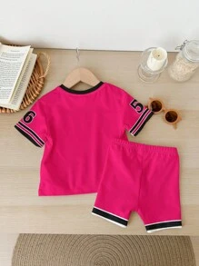 SHEIN 2 件/套女孩休闲运动风格服装，包括：短袖 T 恤，印有“Girls Trip”文字、数字 56 印花、“Every Day Is Memorable”标语、袖子色块设计；配套骑行短裤，适合夏季、运动、健身、休闲外出和社交活动 - 彩色 - 查看 3