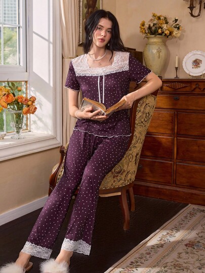 Côtesoire Casual Purple Long Pant Pajama Set With Square Neck And Short Sleeves Women Polka Dot Pajama Set Purple Pajama Set