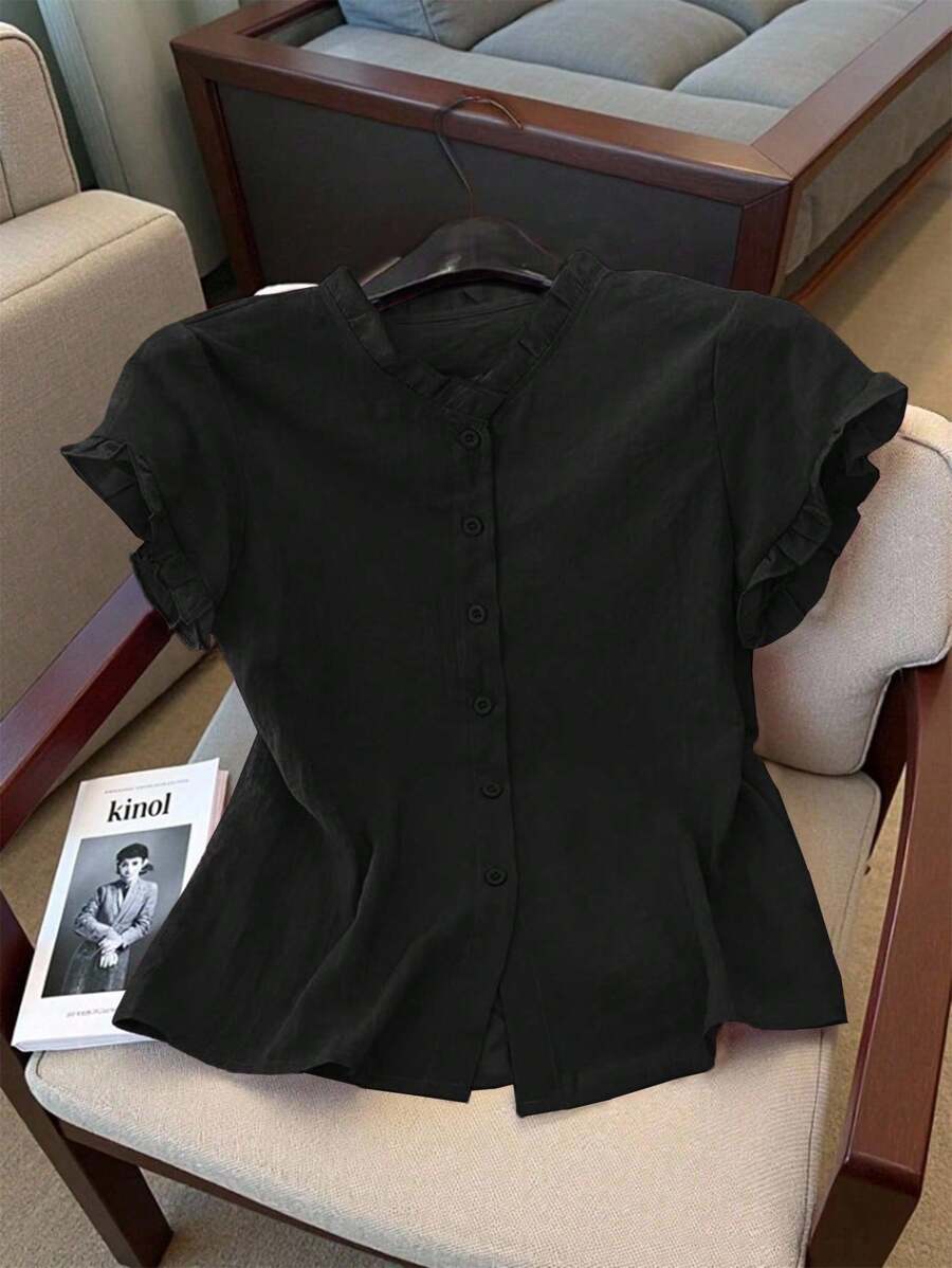Women's Casual Solid Color Short Sleeve Shirt, Summer - Black - View 1