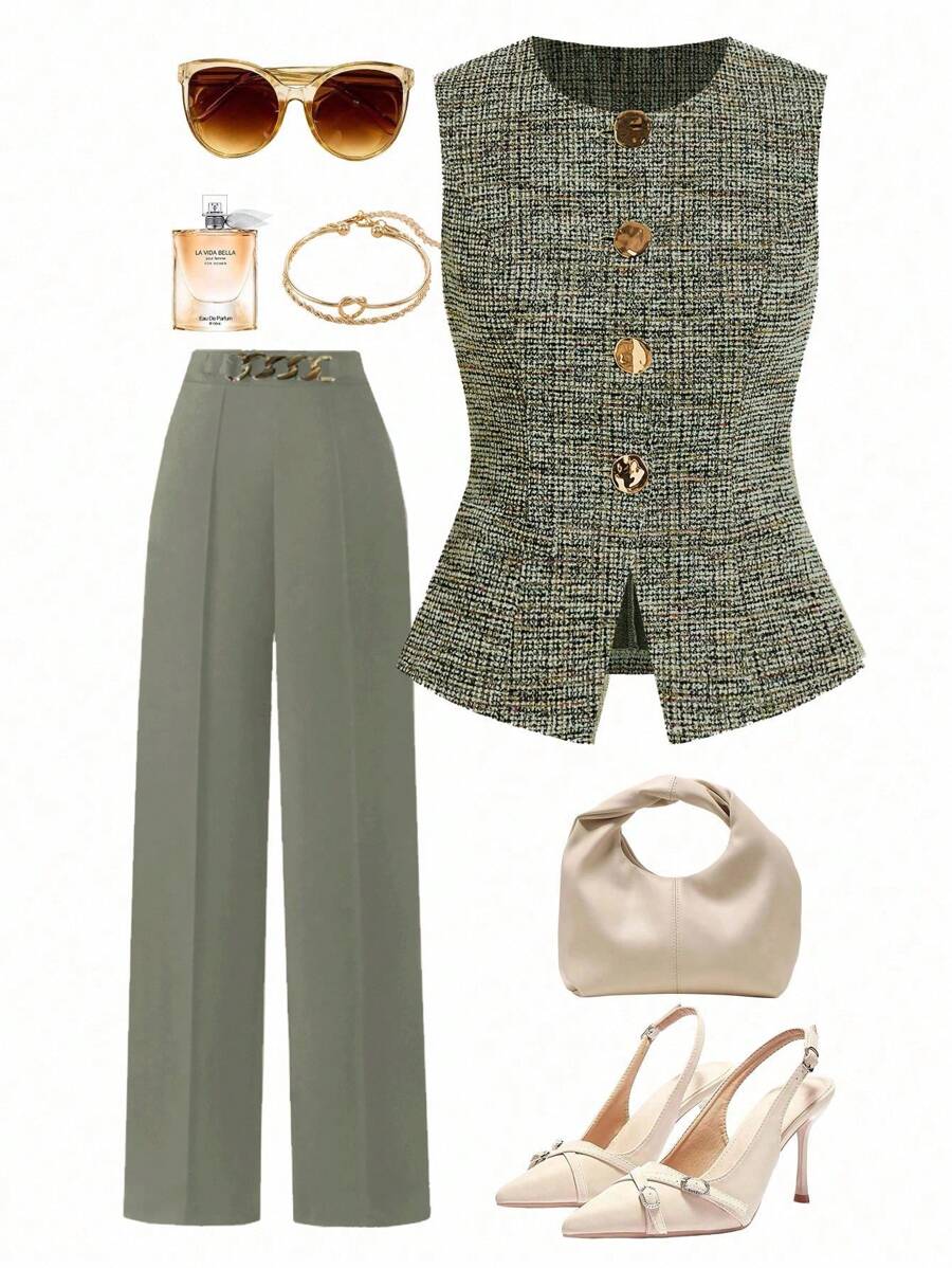 Ellevyn Women's Sleeveless Vest With Metal Button Closure, Suitable For Commuting - Green - View 1