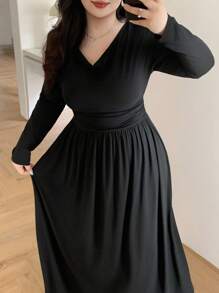 Dazy Plus Đầm maxi dài tay ôm sát, cổ xếp ly, màu trơn, co giãn, dành cho nữ, mùa thu/đông. - màu đen - Xem 1