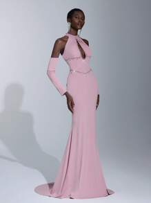 Elitara Elegant Woven Halter Off-Shoulder Mermaid Hem Zipper Dress, Suitable For Evening Parties, Business Events, Afternoon Tea, Birthday Celebrations, Holidays, Weddings, And Other Formal Occasions - Coral Pink - View 2