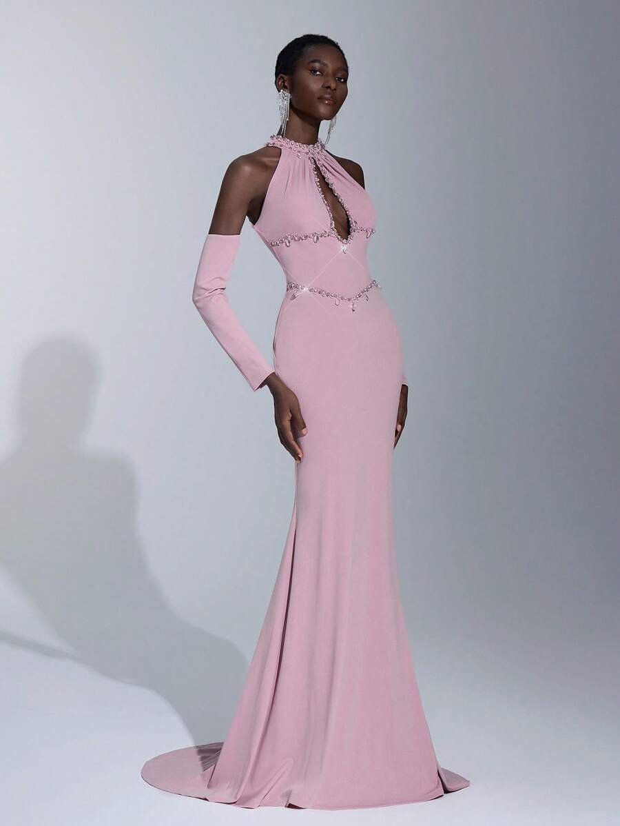 Elitara Elegant Woven Halter Off-Shoulder Mermaid Hem Zipper Dress, Suitable For Evening Parties, Business Events, Afternoon Tea, Birthday Celebrations, Holidays, Weddings, And Other Formal Occasions