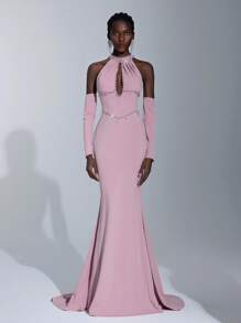 Elitara Elegant Woven Halter Off-Shoulder Mermaid Hem Zipper Dress, Suitable For Evening Parties, Business Events, Afternoon Tea, Birthday Celebrations, Holidays, Weddings, And Other Formal Occasions - Coral Pink - View 8