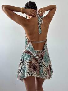 Firerie 女士新款优雅露背吊带豹纹连衣裙,节日时尚/7 月 4 日服装/六月节服装/海滩度假服装/夏季服装/毕业服装/茶会服装/优雅露背/女士沙滩装/沙滩裙/鼠尾草绿色连衣裙/ - 彩色 - 查看 3