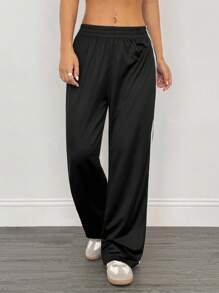 SHEIN PETITE Casual Black Side Striped Trousers Simple Fashion Daily Casual Loose Pants