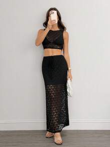 SHEIN Tall Women's Vacation Knit Crochet Vest And Split Hem Skirt Set, Bohemian Style For Music Festival - Black - View 11