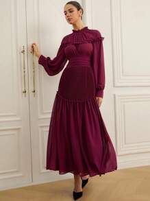 Aveloria Vestido de manga larga de gasa con pliegues y volantes en la cintura, de moda para el inicio del otoño para mujeres