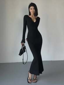 Strévra Women's V-Neck Wrap Long Sleeve Midi Dress,Fall Women Clothes - Black - View 3