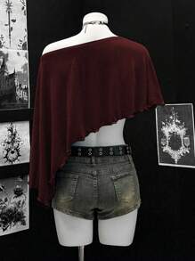 EgrlEra Comfortable Unique Fabric Asymmetrical Shoulder Vacation Style Top - Burgundy - View 2