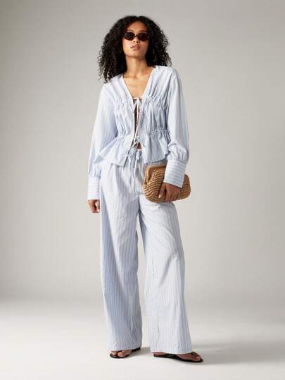 AiiRZ 长袖棉质条纹两件套服装，配有褶皱腰前系带上衣和阔腿裤，适合度假海滩装夏季春季