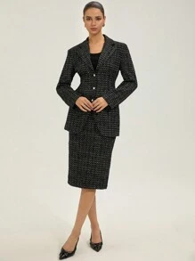 Aveloria Rosie Schwarzer & weißer Tweed Strass & Perlen Dekor Taillenanzug Set mit Taillengürtel für Pendlerinnen, elegant für Frauen