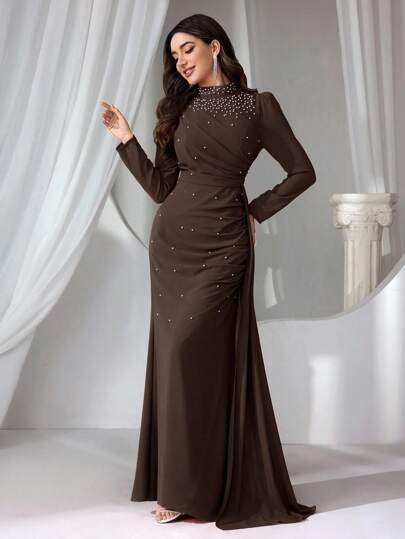 Coutiva Women's Stand Collar Long Evening Gown Dress,Sequin Formal Dress Women Off Shoulder Formal Dress Formal Evening Gown Gala Evening Gown Birthday Dinner Dress