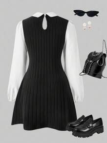 SHEIN Streecool Teen Girl Casual College Style Teen Girl Patchwork Long Sleeve Short Casual Dress Fall Winter