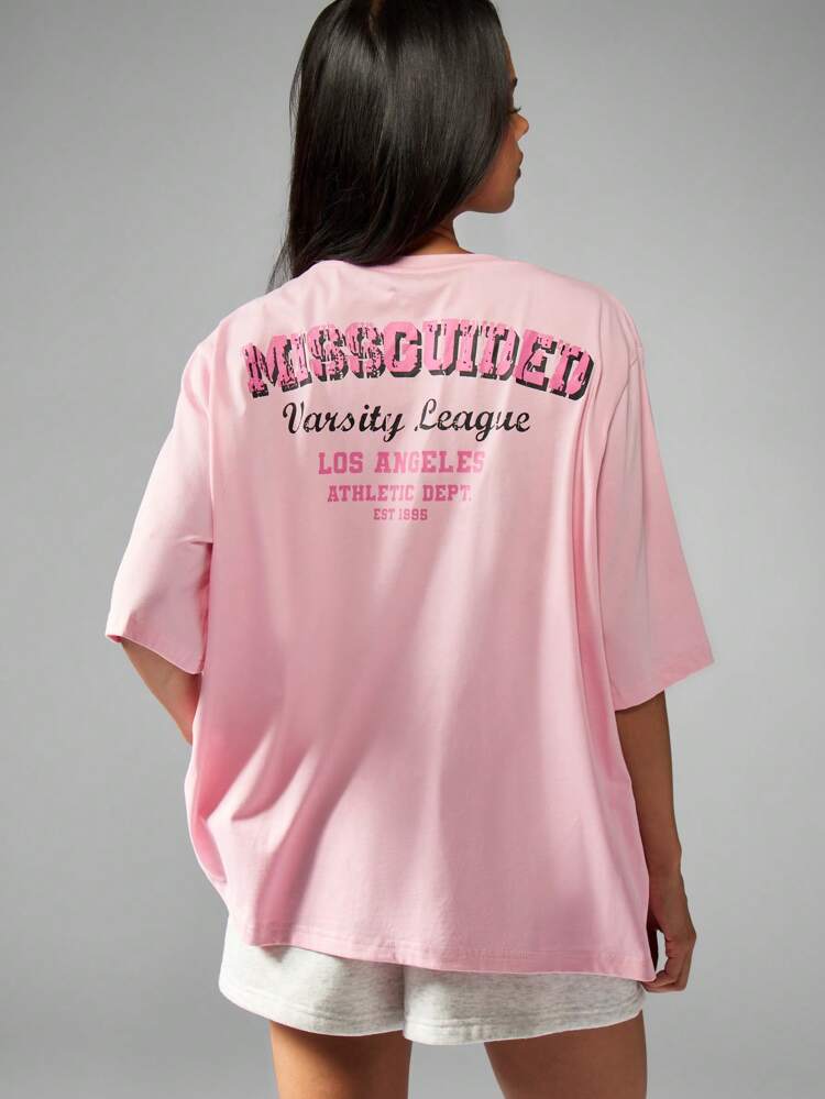 MISSGUIDED Oversized Logo T Shirt Varsity League Los Angeles Streetwear Retro Campus Style University College Relaxed Casual Weekend Loungewear Fashion Tee