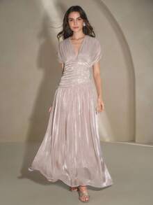 Anewsta Women's V-Neck Short Sleeve Beaded Chain Pleated Waist Elegant Long Dress, Summer - Dusty Purple - View 6