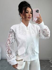 Elenzga Women's Elegant Versatile Loose Stand Collar Patchwork Thick Lace Jacket, Autumn/Winter - White - View 3
