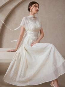 Modelyn Women's Floral Jacquard Round Neck Batwing Sleeve Waist Cinched Elegant Dress