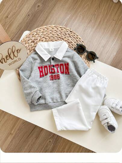 两件套男/女婴可爱灰色字母图案翻领上衣和松紧腰裤套装，适合生日派对、圣诞派对、晚宴、演出、婚礼、迎婴派对、洗礼和一周岁生日庆祝活动。