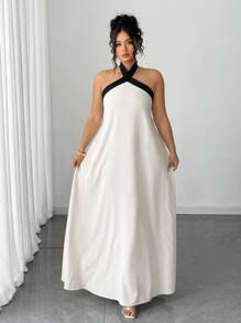 Elenzga Plus Size Elegant Sexy Backless Halter Colorblock Dress, Summer - Beige - View 3