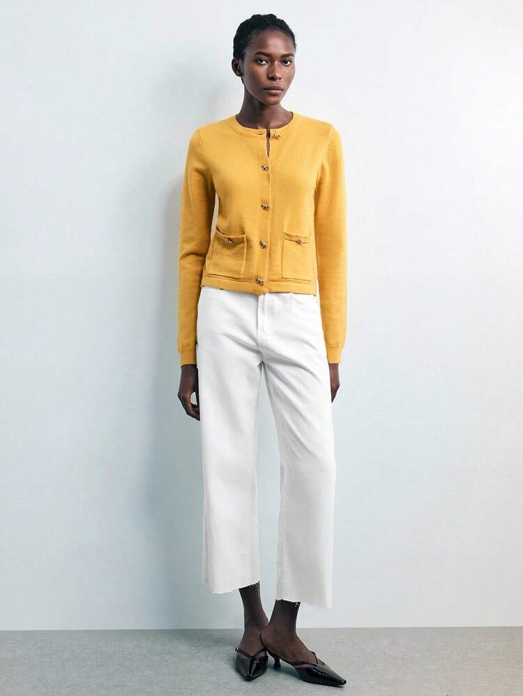 SHEIN Maija Women's Versatile Modern Urban Fashion Essential Round Neck Front Open Hem Cuff Ombre Yarn Design With Metal Decoration Business Casual Office Wear Low-Key Vintage Vibe High-End Urban Commute Yellow Cardigan In Fall/Winter