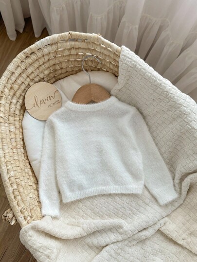 Baby Girl Cute Solid Color Fluffy Knitted Short Cardigan, Autumn/Winter