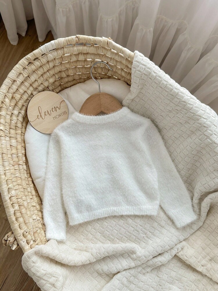 Baby Girl Cute Solid Color Fluffy Knitted Short Cardigan, Autumn/Winter - White - View 2