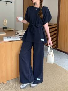 SHEIN Long Striped Teen Girls Co-Ords In Royal Blue With Comfortable Fit And Classic Round Neck Two Piece Set Pants And Top Set Preppy Two Piece Set Linen Two Piece Set Wide Leg Pants And Top Set Wide Leg Pants Set