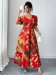 Elenzga 大码女式优雅 V 领褶饰腰部中长连衣裙，夏季 - 紅色 - 查看 8