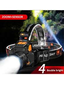 LED 钓鱼头灯，便携式手电筒，带变焦和传感器，可充电，防水，适合户外露营和狩猎 - 黑色 - 查看 8