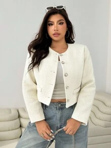 SHEIN EZwear 大码女式长袖单排扣休闲大衣 - 杏色 - 查看 5
