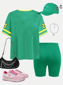 SHEIN 2pcs/Set Young Girl Casual Minimalist Short Sleeve Top And Shorts Set, Suitable For Summer - Multicolor - View 3