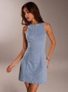 SHEIN Forever 21 女士休闲露肩牛仔连衣裙 - 淺藍色 - 查看 3