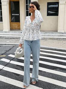 Serisse 休闲宽松碎花长袖系带衬衫，适合女性日常穿着，秋季百搭，适合返校、外出、办公等场合，蓝色碎花衬衫，波西米亚风衬衫，适合冬季、春季、度假度假 - 藍色 - 查看 5