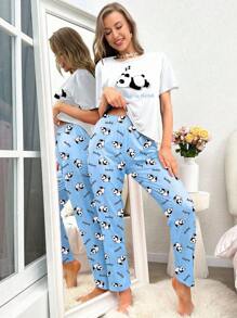 Panda & Slogan Graphic Tee & Pants PJ Set / Pajama Set - Multicolor - View 6