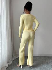 Elenzga 2pcs Set Elegant Commuter Solid Color Tie-Up Cardigan & Knit Pants Yellow Two Piece Set Ribbed Two Piece Set Two Piece Sets For Women Butter Yellow Two Piece Set Tie Front Two Piece Set Fall Winter Cloth For Women